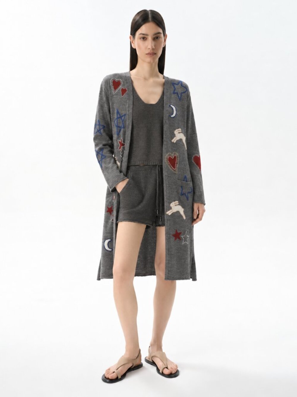 Sisley Rabbits Hearts Stars Moons Wool Blend Long Embellished Knit Cardigan